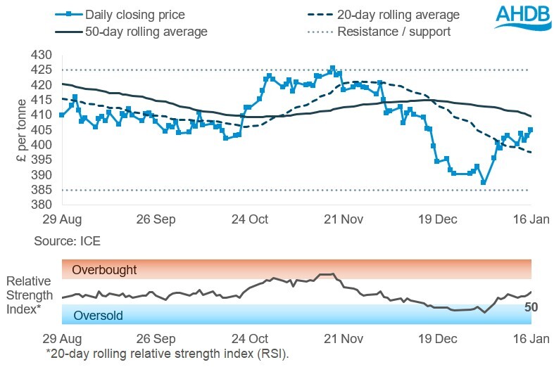 Graph showing May-26 Paris rapeseed futures in £ per tonne in the six months ending 16 01 2026